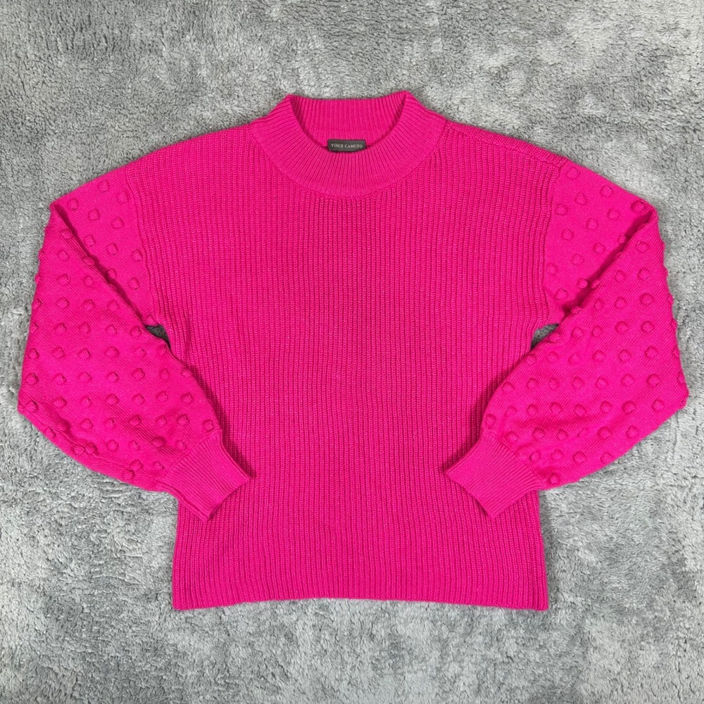 Vince Camuto Womens Hot Pink Mock Neck Bubble Pom Pom Sleeve Ribbed Sweater M